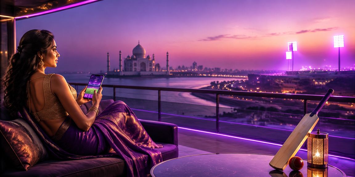 Evening view of the Taj Mahal with neon lighting atmosphere
